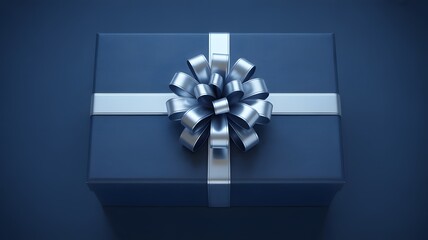 Top down view of a dark blue gift box adorned with a shimmering silver ribbon and bow, against a plain blue backdrop