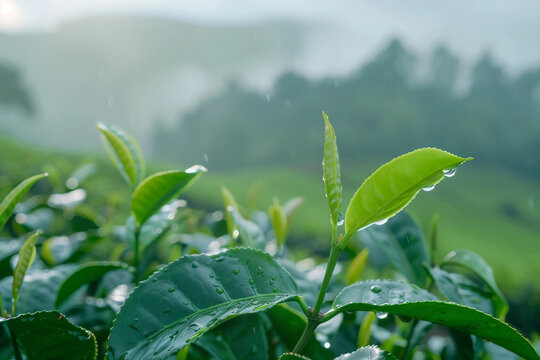 Symmetrical green tea bud and fresh leaves on tea plantations, generative ai
