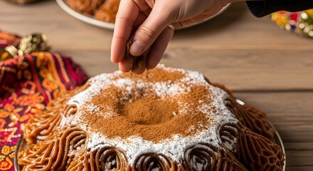 Hand sprinkling cinnamon powder on traditional sellou dessert