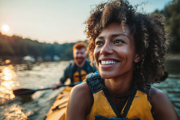 Joyful young woman kayaking at sunset with a friend on a peaceful river — smiling close-up in lifejacket enjoying a summer outdoor adventure