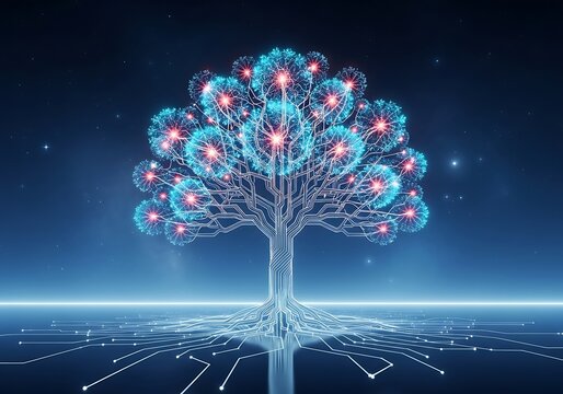 Futuristic technology tree with digital circuit branches glows in the night sky - Powered by Adobe
