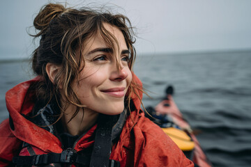 Young woman in red waterproof jacket smiling while kayaking on open water — windblown hair, sea breeze and adventurous outdoor freedom