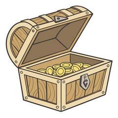 Open wooden treasure chest overflowing with shiny gold coins and a metal latch on white background