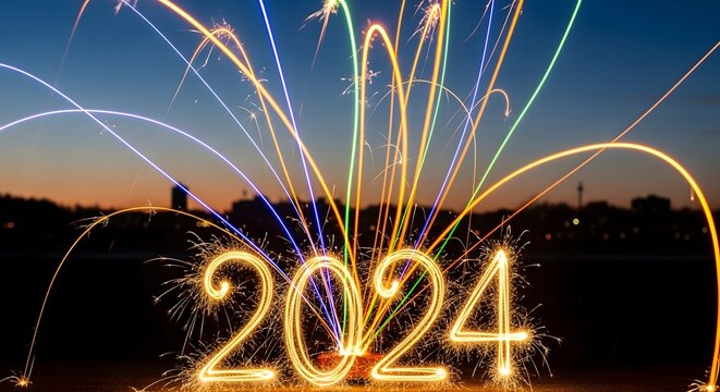 New year 2024 celebration with colorful sparklers fireworks display at night