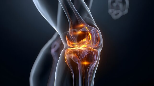 Human knee joint with glowing pain, representing arthritis, injury, or inflammation in a medical context.