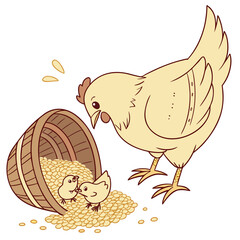 Cute cartoon hen and two chicks gathered around a spilled basket of grain on a white background