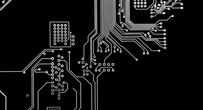 Intricate electronic circuit board design with white lines on black background - Powered by Adobe