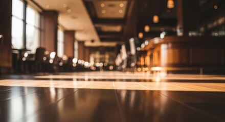 Lounge interior with wooden floor and bokeh background