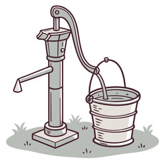 Vintage hand water pump drawing with a bucket collecting fresh water from the spout on grass