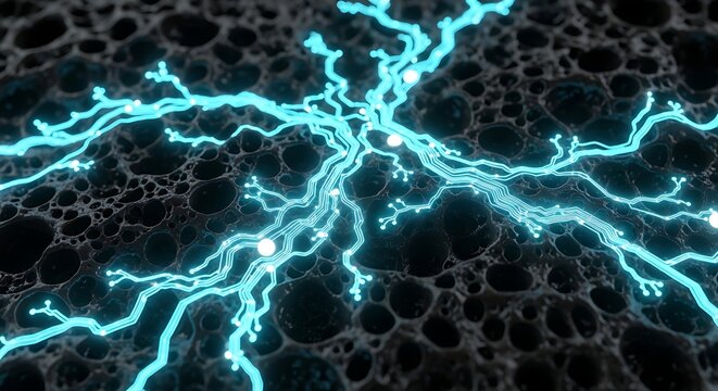 Futuristic circuit design over porous landscape glowing with blue light for tech use - Powered by Adobe