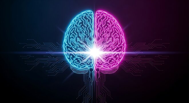 Cyberpunk brain with neon circuits glowing blue and pink for advanced AI concepts