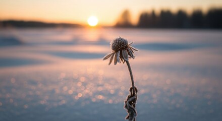Frost on winter plant at sunset