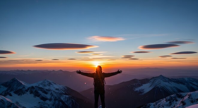 Person with arms outstretched celebrating on a snowy mountain at sunset - Powered by Adobe