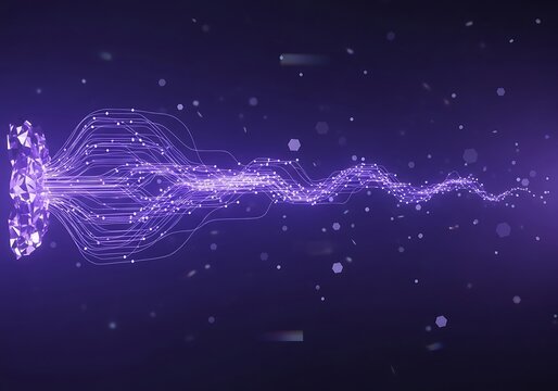 Futuristic data stream flowing from crystal source in vibrant purple cyberspace
