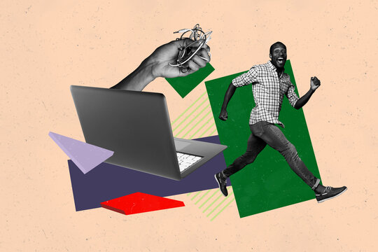 Full zine trendy photo collage of happy businessman businesswoman run laptop addiction workplace freelancer occupation hand - Powered by Adobe