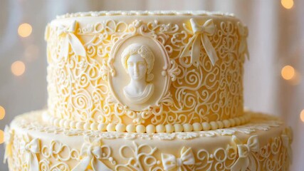 Rococo ornate wedding cake with intricate lace-like design  and cameo decoration in elegant indoor setting for luxury event promotions, trendy ornate cake design. menu, recipe, confectionery