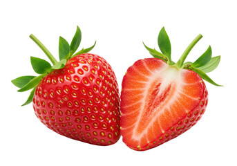 Whole and half red strawberries, glistening cut, white core, golden seeds, green sepals, transparent background, copy space, bright studio light, concept of natural beauty food