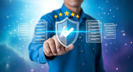 Man touching digital shield with checkmark and stars representing quality and security