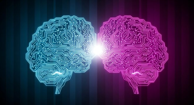 Two glowing circuit board brains connecting symbolize intelligence and innovation