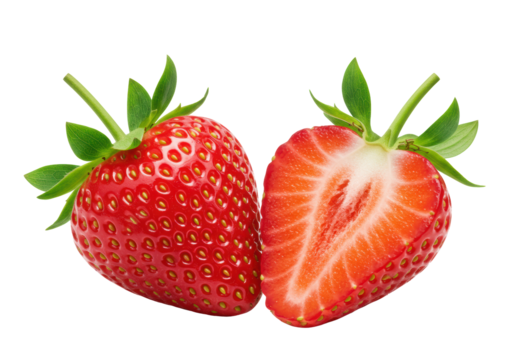 Whole and half red strawberries, glistening cut, white core, golden seeds, green sepals, transparent background, copy space, bright studio light, concept of natural beauty food