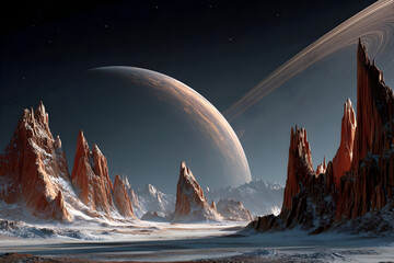 Majestic alien landscape of a distant exoplanet with towering mountains and rings