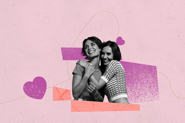 Creative full artwork collage of two happy girls lesbian girlfriends hug together heart icon affection lgbt sisters family bonding