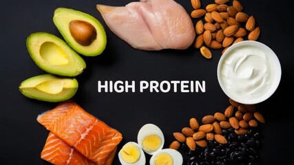 High protein foods arranged on black background for healthy eating promotion and nutritional guides. salmon, chicken breast, avocado, almonds, boiled eggs, black beans, and Greek yogurt, glp-1 food