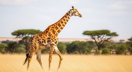 Obraz premium Giraffe walking through dry grass in african savanna