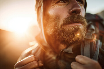 Determined bearded hiker at sunrise adjusting backpack straps on a mountain trail — rugged outdoor portrait capturing adventure, resilience and exploration