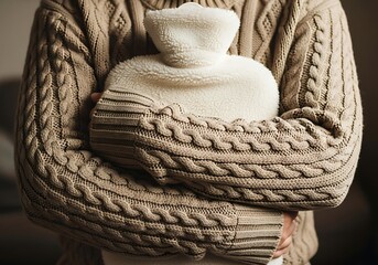 Person wearing warm cable knit sweater hugging a white fuzzy hot water bottle for comfort