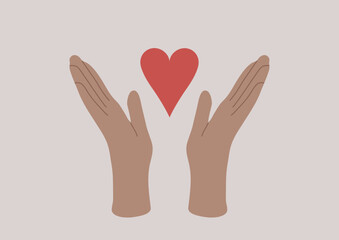 Two hands are raised with palms open, holding a bright red heart in the center, conveying a message of love and compassion against a minimalistic background