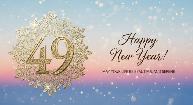Golden 49 emblem with happy new year text and bokeh lights