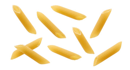 Several pieces of uncooked penne pasta arranged on a black background