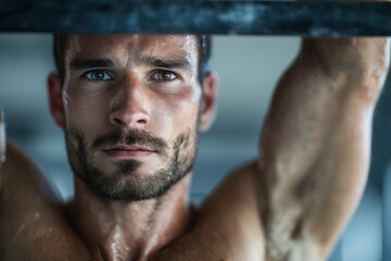 Close-up of a sweaty athletic man gripping a pull-up bar, eyes focused and determined during an intense strength workout at the gym