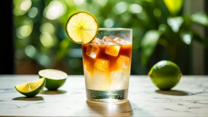 Refreshing lime iced coffee cocktail with ice cubes and garnished lime, served on marble table in bright sunlight, vibrant beverage advertisement, summer drink promotions, espresso lemonade, mazagran - Powered by Adobe