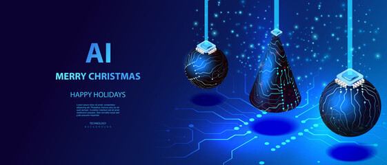 AI Christmas card in technology style with circuit hanging baubles. Isometric futuristic x-mas vector banner.  Happy New Year illustration.