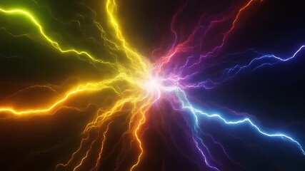 Vibrant electrical energy bolts emanating from a central powerful core, creating a stunning abstract display of light and power across a dark background