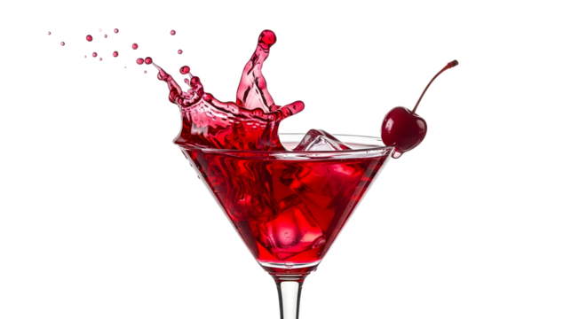 Red cocktail splashing in a martini glass with cherry garnish