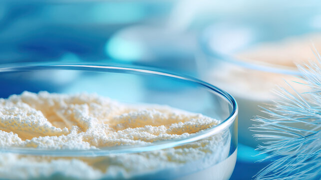 Close-up view of powdered ingredient in a glass dish against a soft blue background, showcasing textures and details