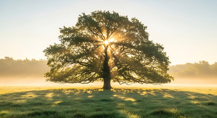 Solitary oak tree bathed in golden sunrise light with long shadows