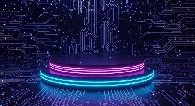Futuristic platform with neon lights and circuit board background for product showcase