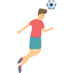 Pixelated Man in Red T-shirt and Teal Shorts Jumping to Head Soccer Ball Against Transparent Background
