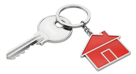 Silver house key with red house charm on a black background