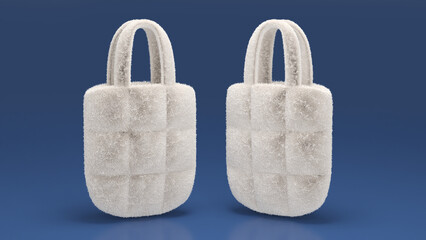 Women's fur tote bags. White quilted fur bags with two handles. 3d illustration on blue background