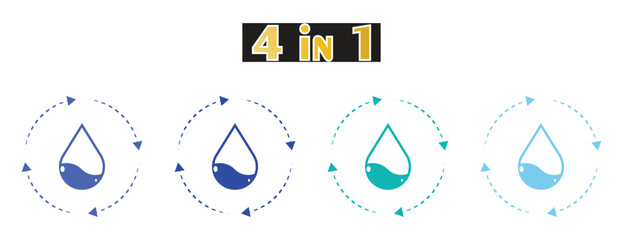 Clean Water Drop Icon with Circular Refresh Arrows Set, Flat Vector Illustration