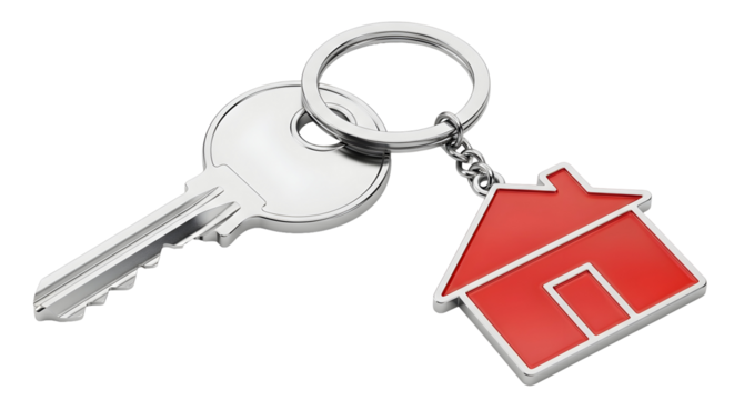 Silver house key with red house charm on a black background - Powered by Adobe
