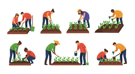 Fototapeta premium A set of illustrations showing diverse people engaged in various gardening tasks like planting, watering, and cultivating plants.