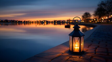 Lantern by the lake at sunset, tranquil evening scene with glowing light.