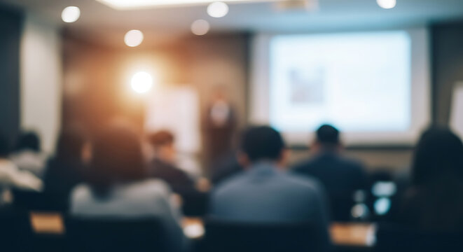 Abstract blurred image capturing the dynamic atmosphere of a corporate business presentation or educational seminar, with an audience engaged in learning and discussion during a modern event
