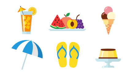 Collection of summer-themed icons including a drink, fruit, ice cream, umbrella, flip-flops, and flan, all in a flat vector style.